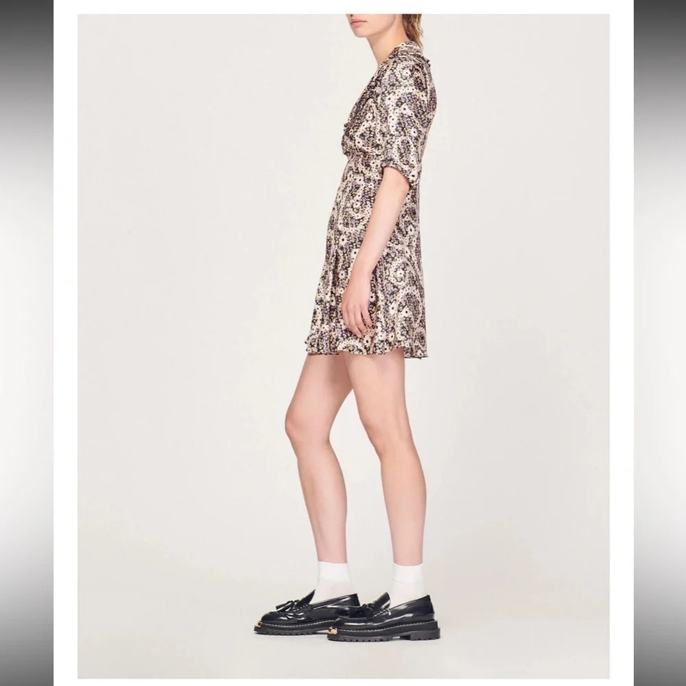 NWT SANDRO 100% Silk V-Neck Casablanca Mini Dress Size 38 (US 6)